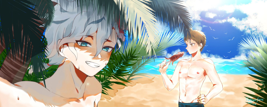 2boys ahoge animal beach bird blush brown_eyes brown_hair clouds collarbone commentary_request dangan_ronpa_(series) dangan_ronpa_2:_goodbye_despair day face food grey_hair grin groin hair_between_eyes hand_on_hip highres hinata_hajime holding jewelry komaeda_nagito male_focus male_swimwear multiple_boys navel nipples outdoors palm_tree reaching_out shirtless short_hair sky smile sweat swimwear tree tuteurfars_shin white_hair