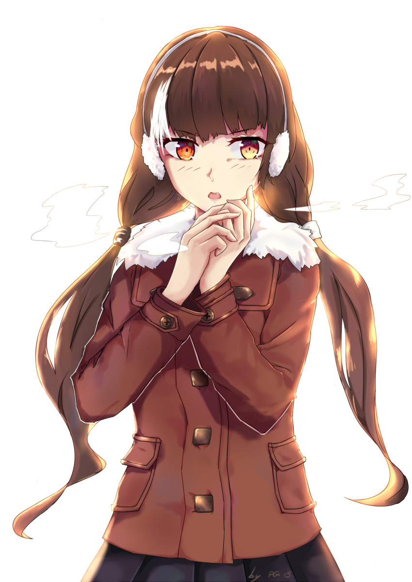 1girl alternate_hairstyle artist_name black_hair blush coat commentary_request cowboy_shot earmuffs fur-trimmed_coat fur_trim girls_frontline hair_ornament hands_on_own_face hands_together heterochromia highres long_sleeves looking_away mou_zhi_pingguo multicolored_hair open_mouth orange_eyes pleated_skirt pov red_coat ro635_(girls_frontline) scrunchie signature simple_background skirt solo streaked_hair teeth twintails white_background white_hair yellow_eyes