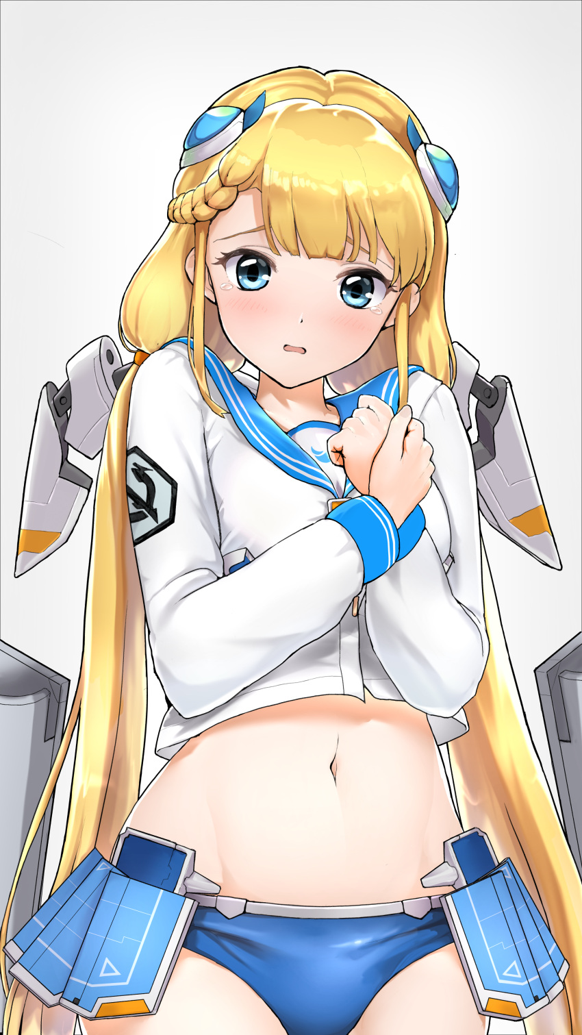 1girl absurdres bangs blonde_hair blue_eyes blush braid buruma highres last_origin long_hair midriff namamo_(kura) navel open_mouth p-3m_undine sailor_collar simple_background single_braid solo tears twintails white_background