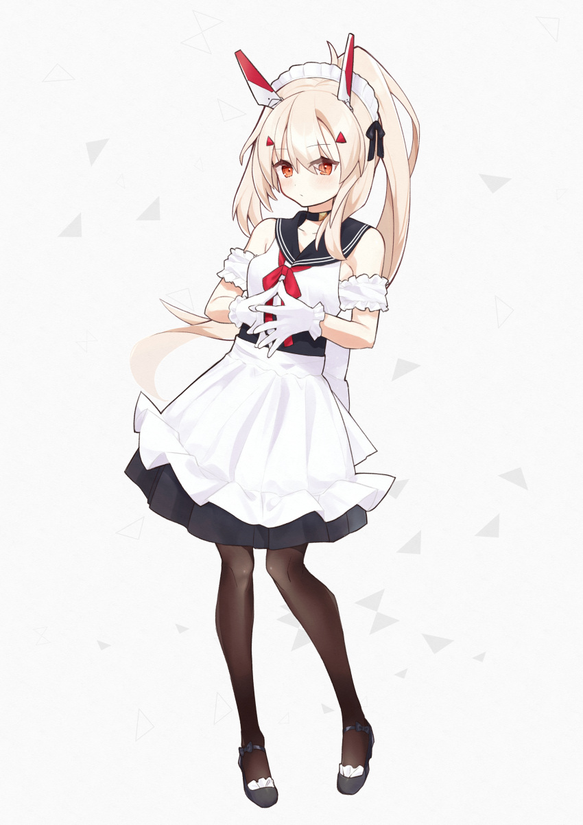 1girl absurdres akutaa alternate_costume apron ayanami_(azur_lane) azur_lane bangs black_footwear black_legwear collarbone commentary_request detached_sleeves enmaided eyebrows_visible_through_hair eyes_visible_through_hair full_body gloves gradient gradient_background hair_ornament hairclip headgear highres long_hair looking_at_viewer maid maid_apron maid_headdress mary_janes orange_eyes pantyhose platinum_blonde_hair ponytail retrofit_(azur_lane) shoes sidelocks simple_background solo white_background white_gloves