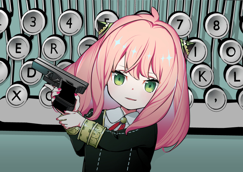 1girl absurdres ahoge ania_(spy_x_family) aoi_sakurako bangs black_jacket collared_shirt commentary_request eyebrows_visible_through_hair green_eyes gun handgun highres holding holding_gun holding_weapon jacket long_hair long_sleeves looking_at_viewer nail_polish parted_lips pink_hair pink_nails pistol shirt smile solo spy_x_family typewriter upper_body weapon weapon_request white_shirt