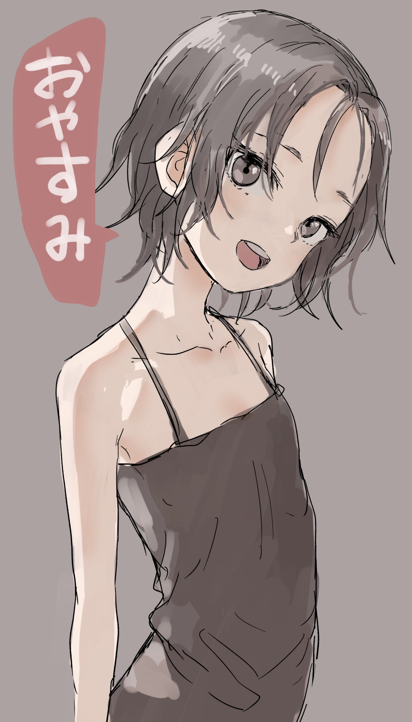 1girl :d absurdres bangs bare_arms bare_shoulders black_camisole black_hair brown_eyes camisole collarbone forehead grey_background head_tilt highres looking_at_viewer open_mouth original parted_bangs short_hair simple_background smile solo translation_request upper_teeth yamamoto_souichirou