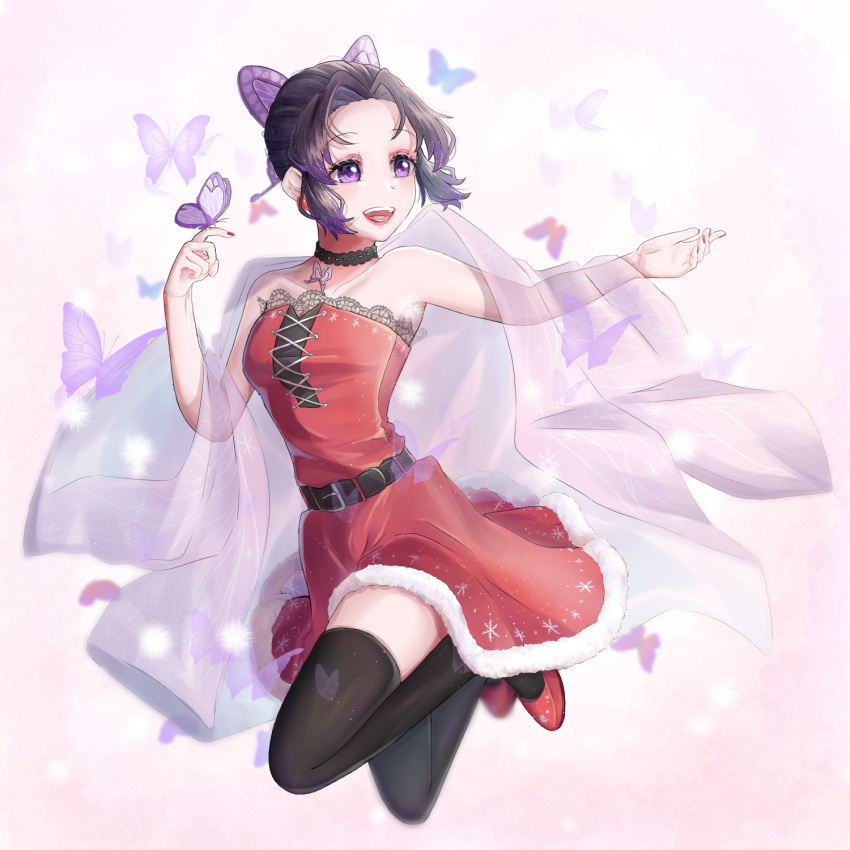 1girl :d alternate_costume bare_shoulders belt belt_buckle black_belt black_choker black_hair black_legwear buckle bug butterfly butterfly_hair_ornament butterfly_on_hand choker collarbone dress full_body fur-trimmed_dress fur_trim gradient_hair hair_intakes hair_ornament highres insect jumping kimetsu_no_yaiba kochou_shinobu multicolored_hair nail_polish open_mouth pumps purple_hair red_dress red_footwear red_lips red_nails santa_costume short_dress short_hair sleeveless sleeveless_dress smile snow_crystal39 solo strapless strapless_dress thigh-highs violet_eyes zettai_ryouiki