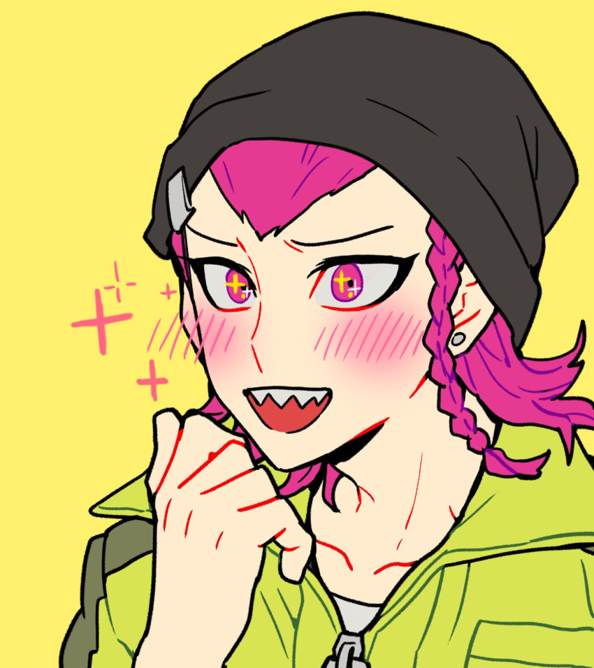 :d beanie black_headwear blush braid collarbone commentary_request dangan_ronpa_(series) dangan_ronpa_2:_goodbye_despair earrings face hand_up hat highres jewelry medium_hair open_mouth pink_eyes pink_hair portrait sharp_teeth simple_background sin11111 single_braid smile souda_kazuichi star-shaped_pupils star_(symbol) symbol-shaped_pupils teeth yellow_background yellow_jumpsuit