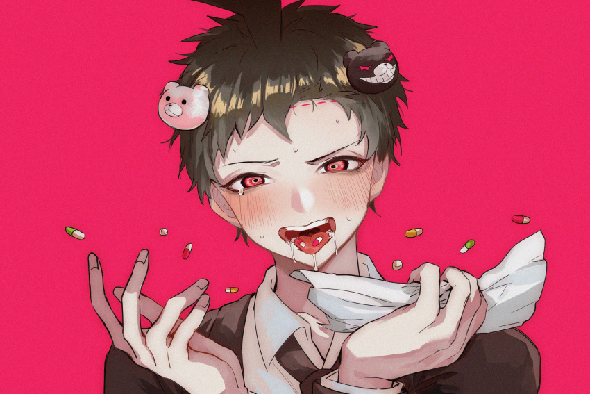 1boy absurdres ahoge alternate_eye_color bangs bear_hair_ornament black_jacket black_neckwear blush brown_hair commentary_request dangan_ronpa_(series) dangan_ronpa_3_(anime) drooling formal hair_ornament hands_up highres hinata_hajime holding jacket looking_at_viewer male_focus necktie open_mouth pill pink_background pink_eyes saliva shiny shiny_hair shirt short_hair simple_background solo symbol-shaped_pupils tissue tongue tongue_out tuteurfars_shin white_shirt