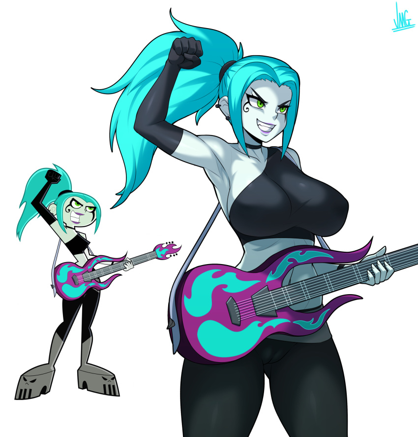 1girl aqua_hair arm_up armpits bare_shoulders black_gloves blue_skin breasts choker colored_skin cowboy_shot danny_phantom derivative_work ear_piercing earrings elbow_gloves ember_mclain gloves green_eyes guitar highres holding holding_instrument instrument jewelry jmg large_breasts midriff parted_lips piercing ponytail reference_work sidelocks signature simple_background single_glove smile solo white_background