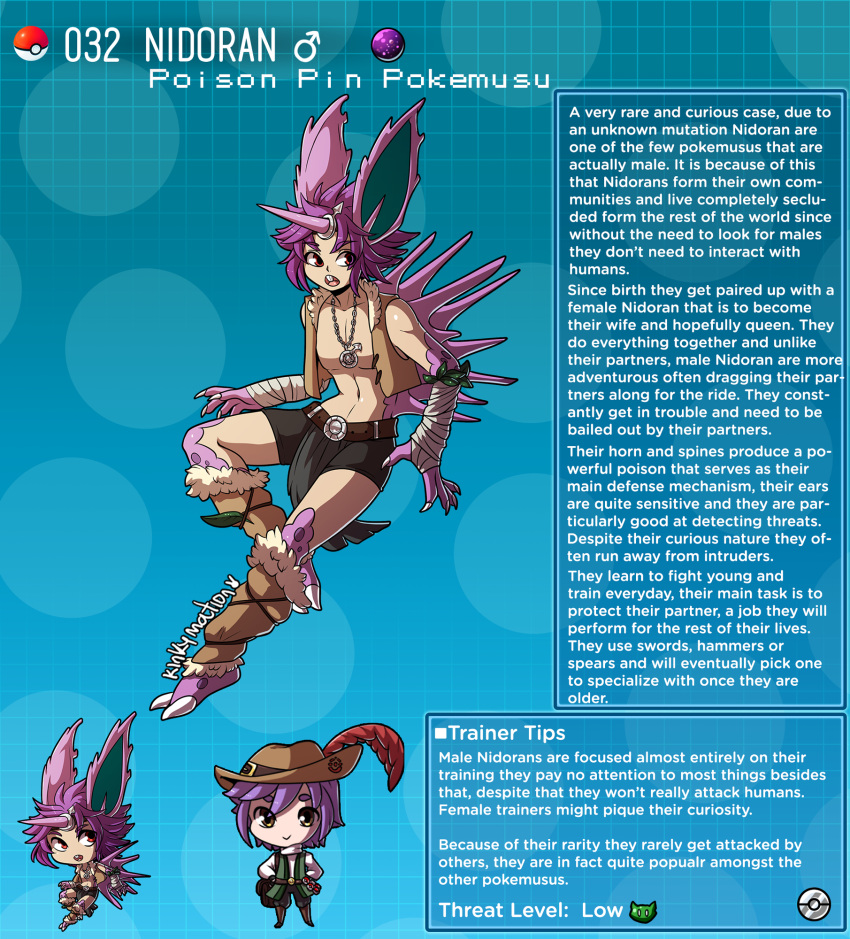 2boys animal_ears artist_name bandages belt brown_eyes buck_teeth character_name claws english_commentary english_text gen_1_pokemon hat highres horns kinkymation leaf mars_symbol multiple_boys nidoran nidoran_(male) open_mouth personification poke_ball pokemon profile purple_hair red_eyes shorts single_horn vest