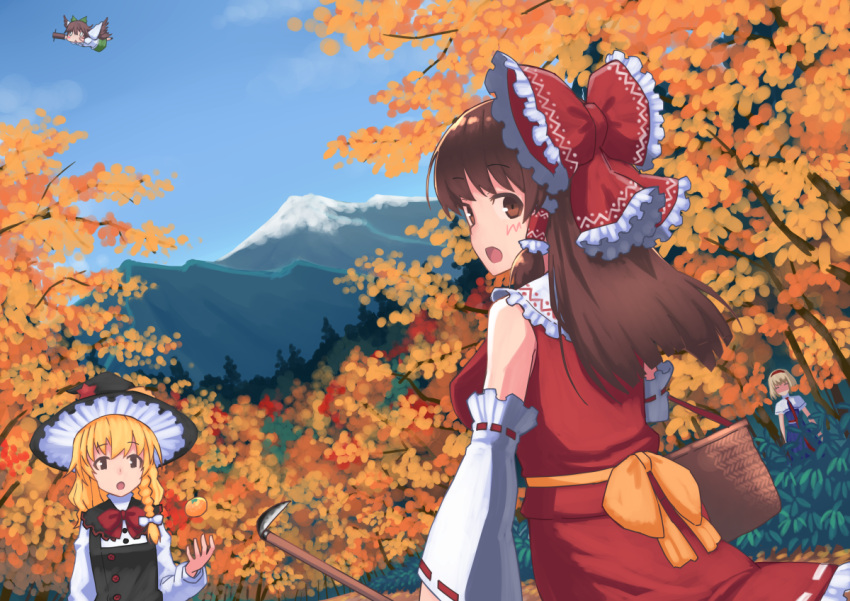 4girls alice_margatroid arm_cannon autumn_leaves azusa_(cookie) bangs basket bird_wings black_dress black_eyes blonde_hair blue_dress blush bow braid breasts brown_eyes brown_hair brown_wings buttons capelet character_request closed_eyes clouds collar commentary_request cookie_(touhou) cowboy_shot detached_sleeves dress dutch_angle eyebrows_visible_through_hair flying food frilled_bow frilled_collar frills fruit green_skirt hair_bow hair_tubes hairband hakurei_reimu hat kanna_(cookie) kirisame_marisa leaf long_hair looking_at_another looking_at_viewer looking_back maple_leaf medium_breasts multiple_girls nadeko_(cookie) no_mouth no_pupils open_mouth orange red_bow red_hairband red_neckwear red_shirt red_skirt reiuji_utsuho ribbon-trimmed_sleeves ribbon_trim s_ibane shaded_face shirt short_hair single_braid skirt sky sleeveless sleeveless_shirt standing star_(symbol) touhou triangle_mouth weapon white_bow white_capelet white_shirt white_sleeves wings witch_hat yellow_bow