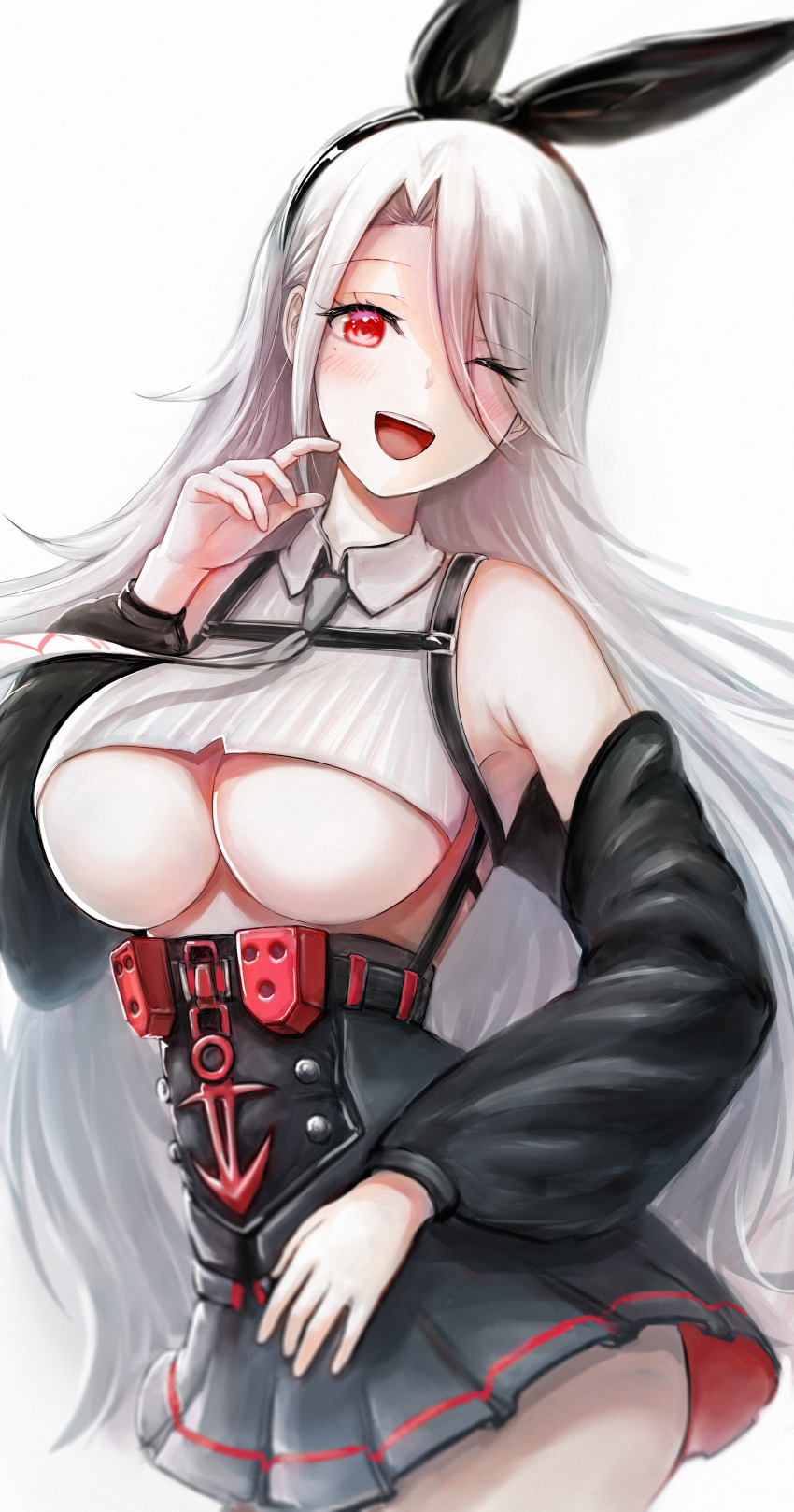 1girl ;d absurdres anchor_symbol armpits azur_lane bangs bare_shoulders black_hairband black_neckwear black_sleeves blush breasts collared_shirt commentary cowboy_shot crop_top detached_sleeves eyebrows_visible_through_hair gloves hair_between_eyes hair_over_one_eye hairband hand_up high-waist_skirt highres huge_filesize large_breasts long_hair looking_at_viewer mole mole_under_eye nana_(nana17112018) necktie one_eye_closed open_mouth parted_bangs pleated_skirt prinz_heinrich_(azur_lane) red_eyes ribbed_shirt shirt sidelocks simple_background skirt sleeveless sleeveless_shirt smile solo standing under_boob upper_teeth very_long_hair white_background white_hair