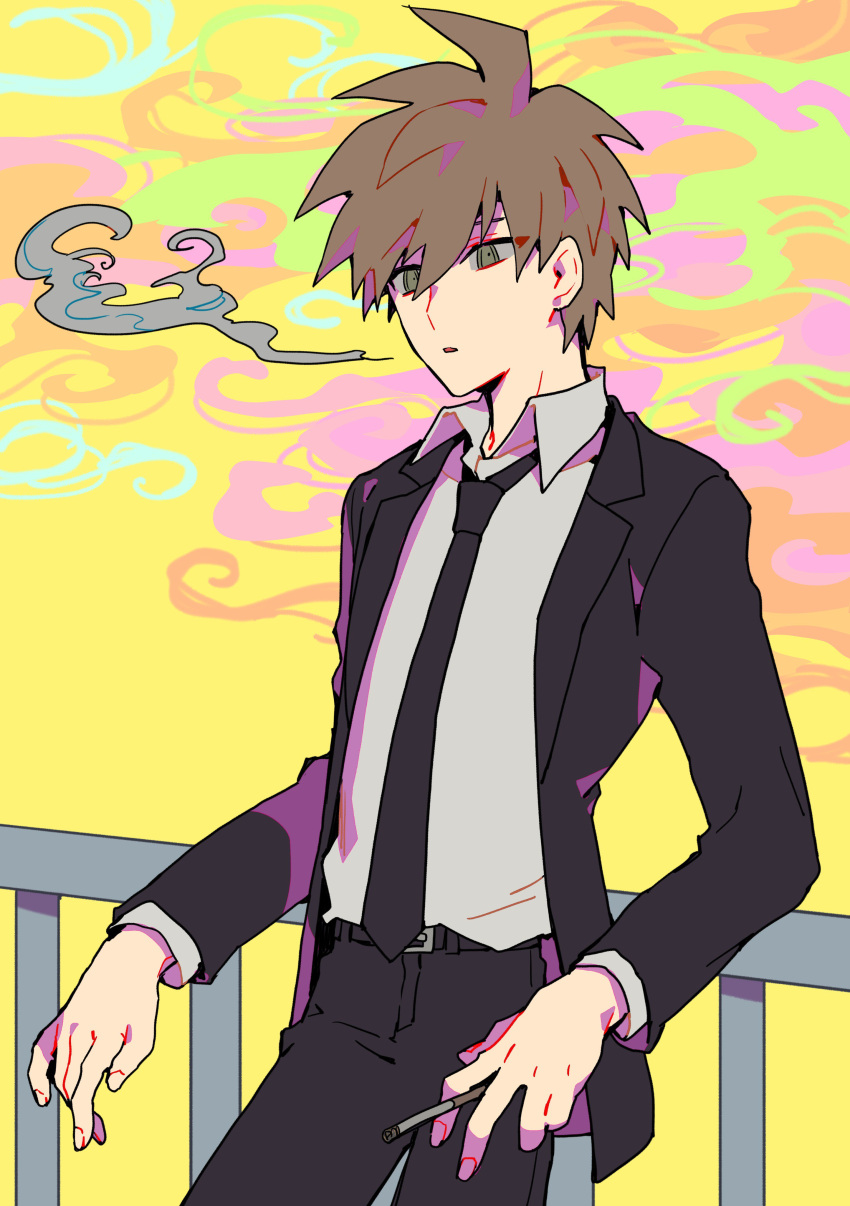 1boy absurdres ahoge bangs belt black_belt black_jacket black_pants brown_eyes brown_hair cigarette collared_shirt commentary_request cowboy_shot dangan_ronpa:_trigger_happy_havoc dangan_ronpa_(series) formal hair_between_eyes highres holding holding_cigarette jacket leaning_back long_sleeves male_focus naegi_makoto necktie official_alternate_costume open_clothes open_jacket open_mouth pants railing shirt short_hair sin11111 smoke smoking solo spiky_hair standing yellow_background