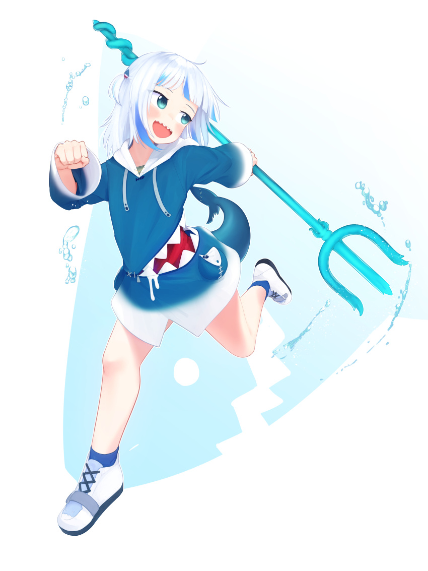 1girl :d absurdres blue_eyes blue_hair blue_hoodie blue_legwear blush commentary english_commentary fish_tail gawr_gura highres holding hololive hood hood_down hoodie long_sleeves medium_hair multicolored_hair open_mouth polearm pouch running shark_tail sharp_teeth shoes smile socks solo streaked_hair tail teeth trident two_side_up virtual_youtuber water weapon white_footwear white_hair yoako