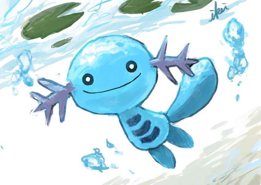 artist_name black_sclera bubble closed_mouth colored_sclera commentary dutch_angle full_body gen_2_pokemon happy highres ikei jpeg_artifacts lily_pad looking_at_viewer no_humans pokemon pokemon_(creature) signature sketch smile solo underwater white_eyes wooper