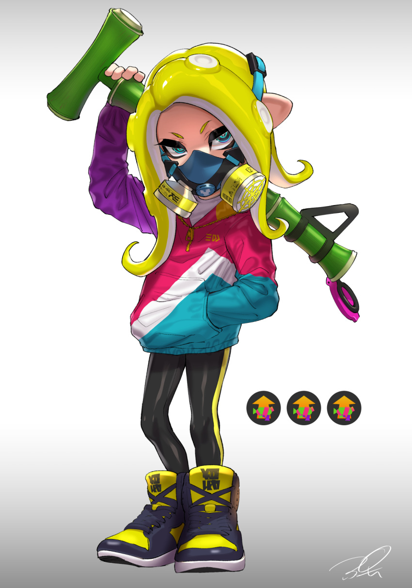 1girl artist_name bamboozler_14_(splatoon) black_legwear blonde_hair blue_eyes commentary gameplay_mechanics gradient gradient_background grey_background gun half-closed_eyes hand_in_pocket high_tops highres holding holding_gun holding_weapon jacket leggings long_hair long_sleeves looking_at_viewer makeup mascara multicolored multicolored_clothes multicolored_jacket octoling over_shoulder puchiman respirator shoes signature single_vertical_stripe solo splatoon_(series) splatoon_2 standing suction_cups tentacle_hair weapon yellow_footwear