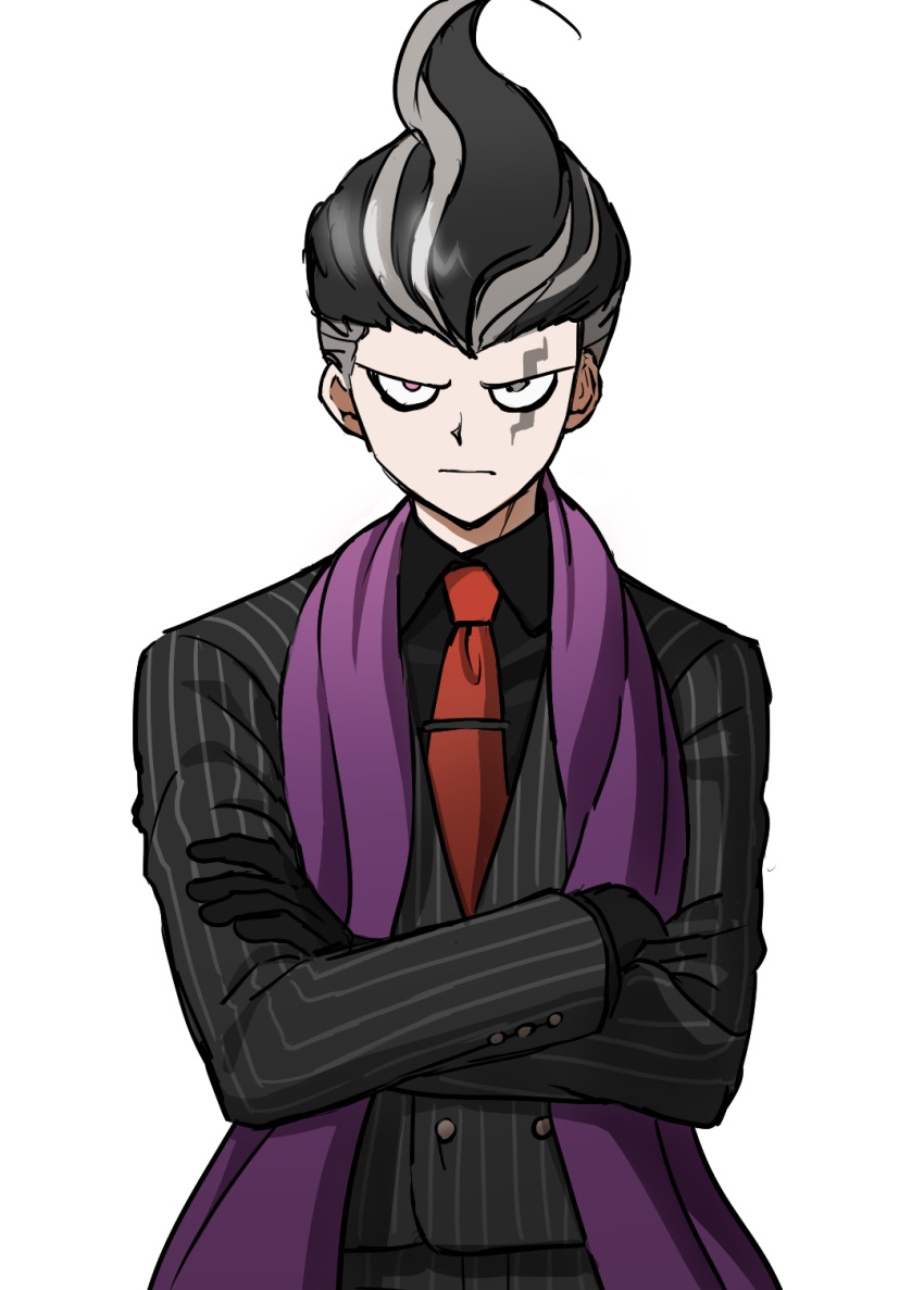 1boy bangs black_gloves black_hair black_shirt closed_mouth collared_shirt cowboy_shot crossed_arms dangan_ronpa_(series) dangan_ronpa_2:_goodbye_despair double-breasted formal gloves highres long_sleeves looking_at_viewer male_focus multicolored_hair necktie no_(xpxz7347) official_alternate_costume pants red_neckwear serious shirt short_hair simple_background solo striped striped_jacket striped_pants tanaka_gandamu tie_clip upper_body vertical_stripes violet_eyes white_background