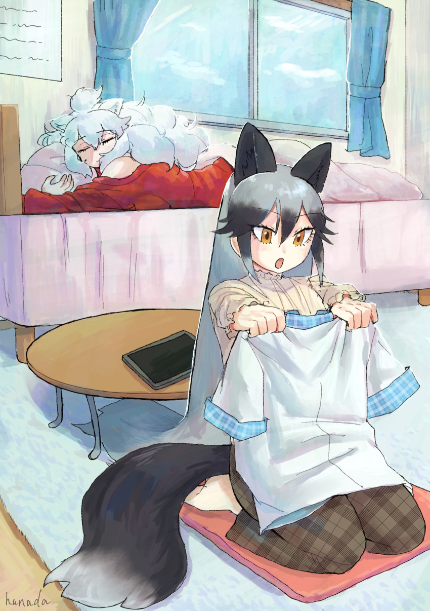 2girls alternate_costume animal_ears barefoot bed brown_pants casual collar commentary_request extra_ears eyebrows_visible_through_hair fox_ears fox_girl fox_tail frilled_collar frills grey_hair hanada_(cobalt003) highres holding holding_clothes holding_shirt kemono_friends long_hair long_sleeves multicolored_hair multiple_girls pants plaid plaid_pants plaid_trim red_sweater seiza shirt silver_fox_(kemono_friends) silver_hair sitting sleeping sweater tail white_hair white_lion_(kemono_friends) white_shirt yellow_eyes