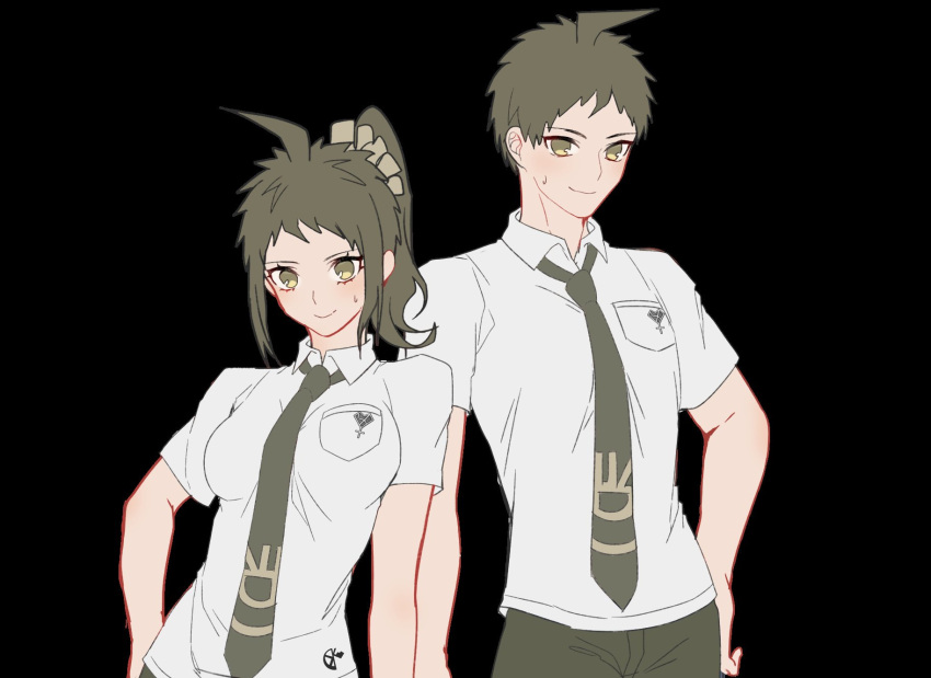 1boy 1girl bangs black_background blush breast_pocket breasts brown_hair brown_pants closed_mouth collared_shirt cowboy_shot dangan_ronpa_(series) dangan_ronpa_2:_goodbye_despair dual_persona genderswap genderswap_(mtf) green_eyes green_neckwear hair_ornament hand_on_hip height_difference highres hinata_hajime looking_at_viewer medium_breasts medium_hair necktie pants pocket shirt short_hair short_sleeves smile striped sweatdrop symbol_commentary tuteurfars_shin white_shirt