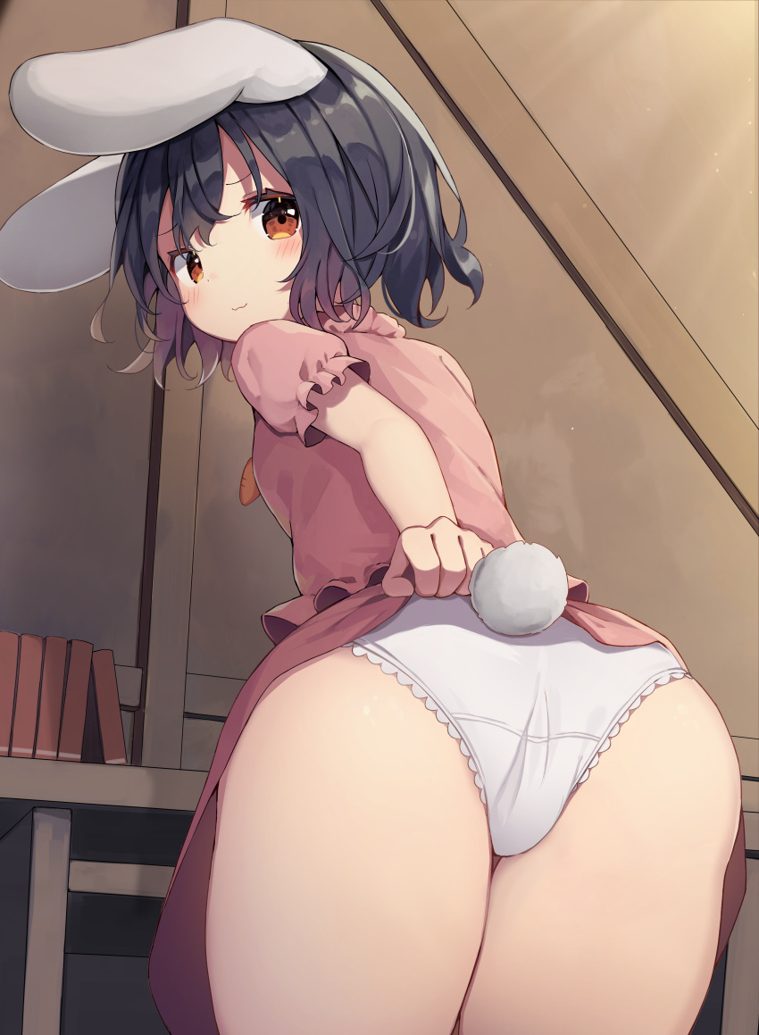 1girl :3 absurdres animal_ears ass black_hair brown_eyes bunny_tail closed_mouth commentary_request from_behind highres inaba_tewi indoors lifted_by_self looking_at_viewer looking_back mamemochi panties pink_skirt puffy_short_sleeves puffy_sleeves rabbit_ears short_hair short_sleeves skirt skirt_lift smile solo tail thighs touhou underwear white_panties