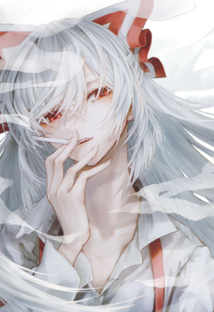 1girl absurdres cigarette collarbone commentary_request expressionless fujiwara_no_mokou hair_between_eyes hair_over_eyes head_tilt highres holding holding_cigarette long_hair long_sleeves looking_at_viewer open_mouth partial_commentary red_eyes safutsuguon shirt silver_hair simple_background smoke smoking solo suspenders touhou upper_body upper_teeth very_long_hair white_background white_shirt
