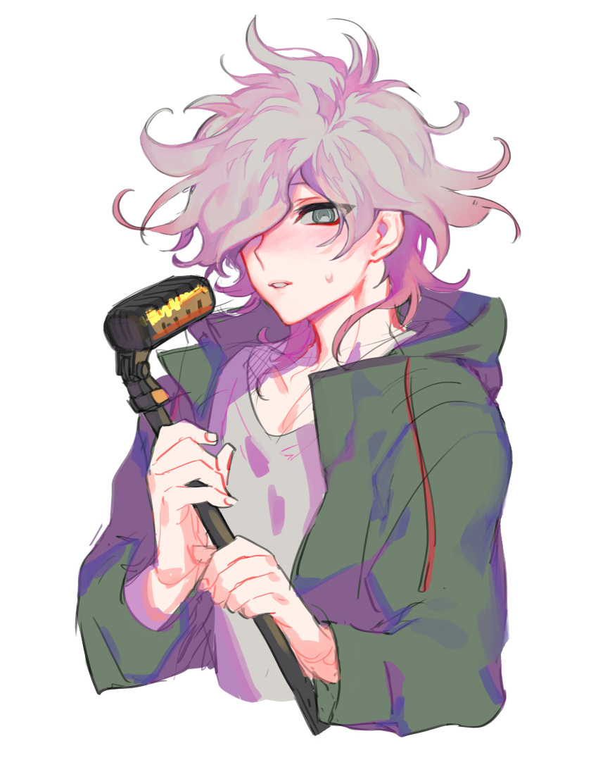 1boy absurdres bangs collarbone commentary_request cropped_torso dangan_ronpa_(series) dangan_ronpa_2:_goodbye_despair green_jacket grey_background grey_eyes grey_hair grey_shirt hair_over_one_eye hands_up highres holding holding_microphone_stand hood hooded_jacket jacket komaeda_nagito long_sleeves looking_at_viewer male_focus medium_hair messy_hair microphone microphone_stand open_clothes open_jacket parted_lips shirt simple_background sin11111 solo sweatdrop upper_body