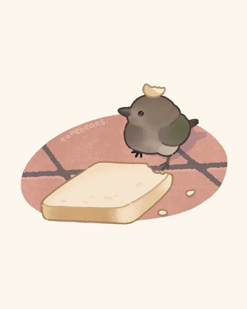 animal_focus artist_name bad_id bad_twitter_id beige_background bird black_eyes bread bread_slice commentary crumbs english_commentary food food_on_head full_body highres jpeg_artifacts kapebeansies no_humans object_on_head original photo-referenced signature simple_background
