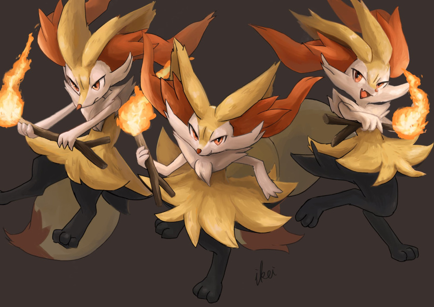 1girl animal_ear_fluff animal_ears artist_name black_fur body_fur braixen brown_background closed_mouth commentary_request english_commentary fang fire fox_ears fox_girl fox_tail full_body furry gen_6_pokemon hand_up happy highres holding holding_stick ikei jpeg_artifacts leg_up looking_at_viewer looking_to_the_side mixed-language_commentary multiple_views open_mouth outstretched_arms partial_commentary paws pokemon pokemon_(creature) red_eyes red_fur running signature simple_background skin_fang smile standing stick tail white_fur yellow_fur