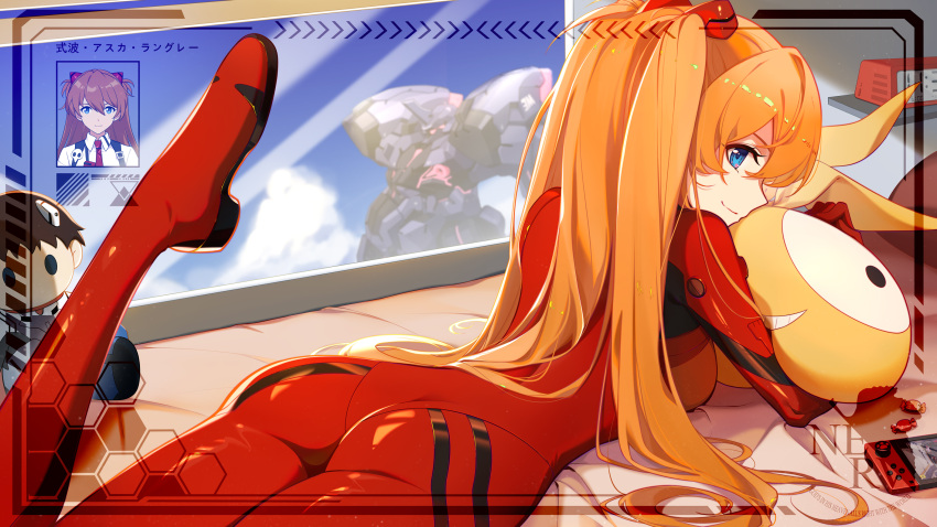1girl ass bangs blue_eyes bodysuit breasts closed_mouth eyebrows hair_ornament highres leg_up long_hair looking_at_viewer lxy122 lying neon_genesis_evangelion on_stomach orange_hair pilot_suit plugsuit shikinami_asuka_langley smile souryuu_asuka_langley two_side_up