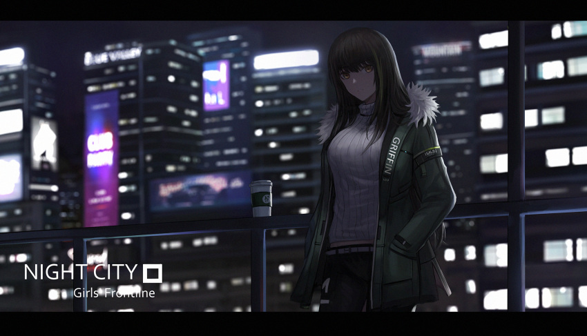 1girl black_pants brown_eyes brown_hair city city_lights closed_mouth copyright_name english_text eyebrows_visible_through_hair fur-trimmed_jacket fur_trim girls_frontline green_jacket hands_in_pockets highres jacket long_hair looking_at_viewer m4a1_(girls_frontline) multicolored_hair night open_clothes open_jacket pants selcky solo standing sweater white_sweater