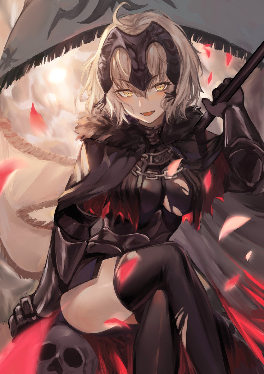 1girl :d absurdres ahoge akalee armor armored_dress bangs banner black_dress black_legwear crossed_legs dress eyebrows_visible_through_hair fate/grand_order fate_(series) faulds gauntlets hair_between_eyes headpiece highres holding jeanne_d'arc_(alter)_(fate) jeanne_d'arc_(fate)_(all) looking_at_viewer open_mouth petals short_hair silver_hair sitting skull smile solo thigh-highs torn_clothes torn_dress torn_legwear yellow_eyes zettai_ryouiki