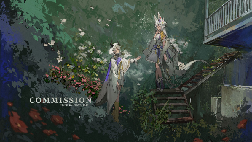 1boy 1girl animal_ears arm_at_side artist_name balcony brown_legwear chocolate_(jitong) clenched_hand commission flower fox_mask grey_skirt hand_up highres hood horns long_hair mask mask_on_head original outdoors pointy_ears skirt stairs standing tail white_hair wide_sleeves