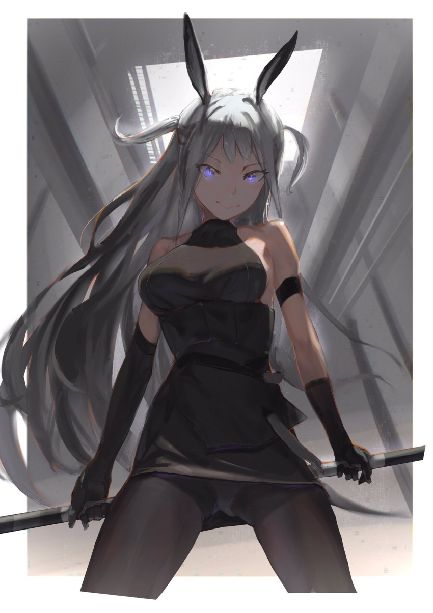 1girl arknights black_gloves black_legwear black_shirt black_skirt elbow_gloves gloves hammer highres holding holding_hammer holding_weapon long_hair looking_at_viewer lynchis miniskirt panties panties_under_pantyhose pantyhose pantyshot savage_(arknights) shirt silver_hair skirt sledgehammer sleeveless sleeveless_shirt solo two_side_up underwear violet_eyes weapon white_panties