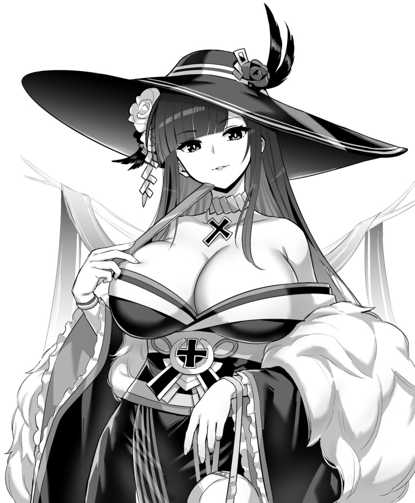1girl alternate_costume alternate_hairstyle azur_lane bare_shoulders black_hair breasts cross cross_necklace eyebrows_visible_through_hair fan folding_fan greyscale hair_ornament hat highres hime_cut hori_(hori_no_su) japanese_clothes jewelry kimono large_breasts long_hair long_sleeves monochrome necklace obi official_alternate_costume peter_strasser_(azur_lane) peter_strasser_(chronos's_kalendae)_(azur_lane) sash solo white_background wide_sleeves