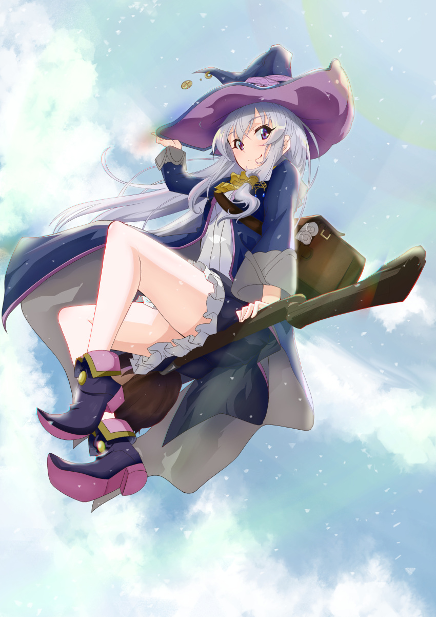1girl absurdres adjusting_clothes adjusting_headwear bag bangs black_headwear blue_eyes blue_robe blue_sky boots bow broom broom_riding clouds collared_shirt commentary_request day elaina_(majo_no_tabitabi) eyebrows_visible_through_hair hair_between_eyes hat highres honba_misaki long_hair long_sleeves looking_at_viewer majo_no_tabitabi open_clothes outdoors pointy_footwear ribbon shirt shoulder_bag silver_hair sitting skirt sky smile solo sunlight tied_hair white_shirt witch_hat
