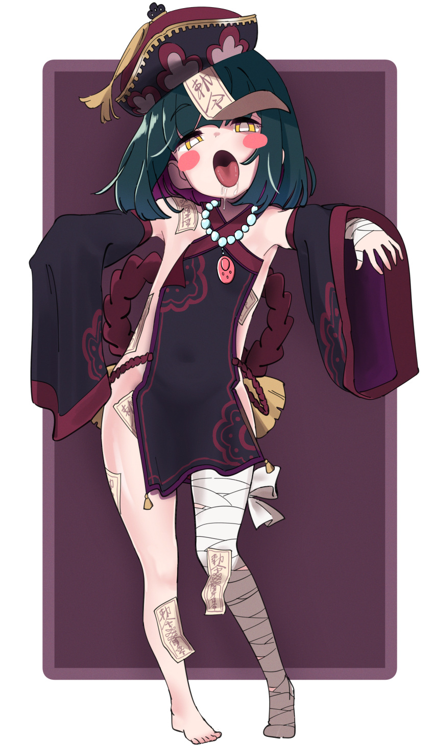 1girl absurdres bandaged_arm bandaged_leg bandages bangs barefoot black_hair blush_stickers covered_navel detached_sleeves drooling eyebrows_visible_through_hair flat_chest full_body hat highres huge_filesize jewelry jiangshi looking_at_viewer necklace original qing_guanmao revealing_clothes short_hair solo talisman tongue tongue_out what_a yellow_eyes