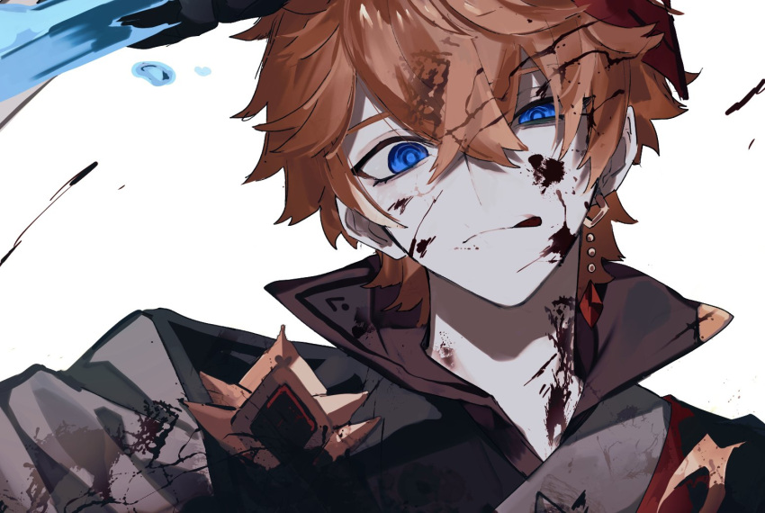 1boy :q bangs blood blood_on_face blood_splatter bloody_clothes genshin_impact hair_between_eyes high_collar jacket km_kkk looking_at_viewer male_focus mask mask_on_head orange_hair red_scarf scarf simple_background solo tartaglia_(genshin_impact) tongue tongue_out upper_body water white_background