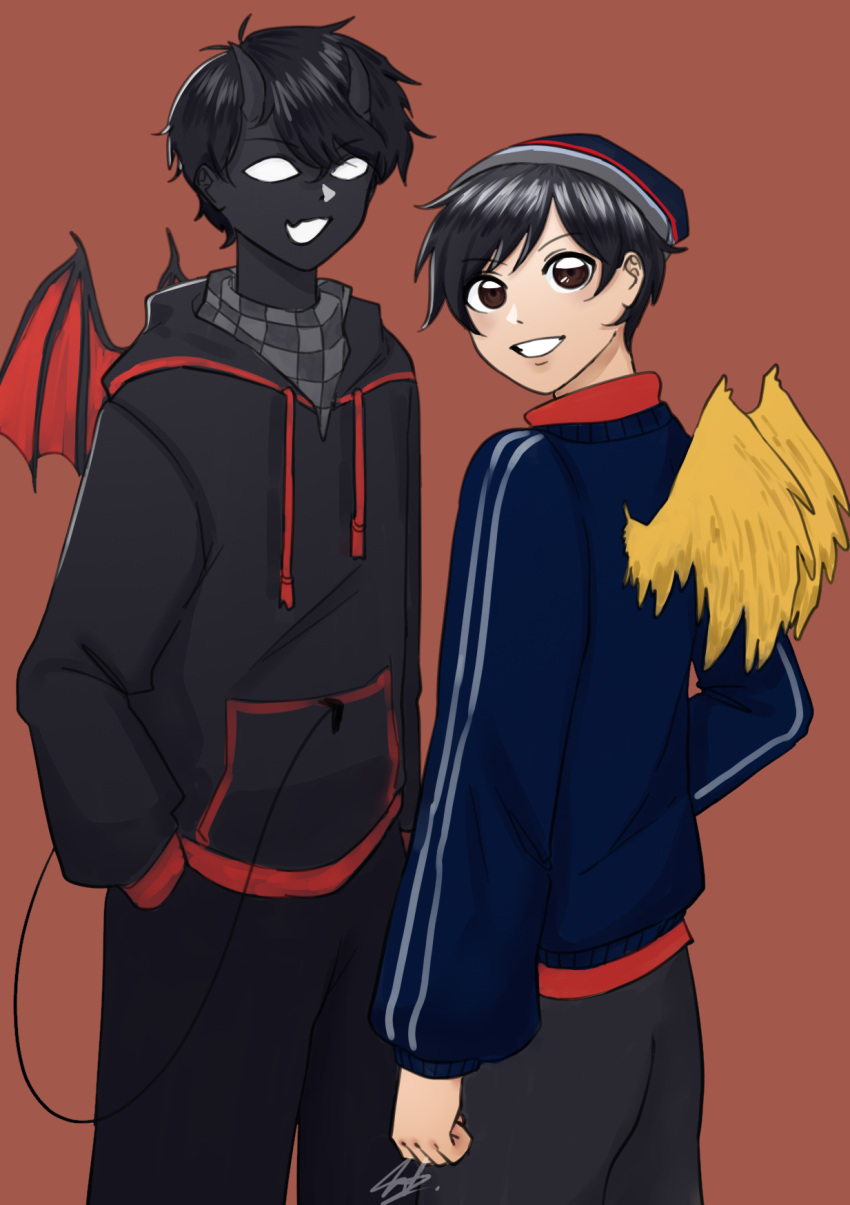 2boys badboyhalo bat_wings beanie black_hair black_jacket black_pants blue_jacket brown_eyes dark_skin demon demon_horns demon_tail demon_wings dream_smp duo fangs feathered_wings feathers hands_in_pockets hat hoodie horns jacket kemonomimi_mode looking_at_viewer looking_back male nayhan227_(pixiv_id_6796211) neckerchief open_mouth pants quackity red_background short_hair smile tail white_eyes wings yellow_wings youtube