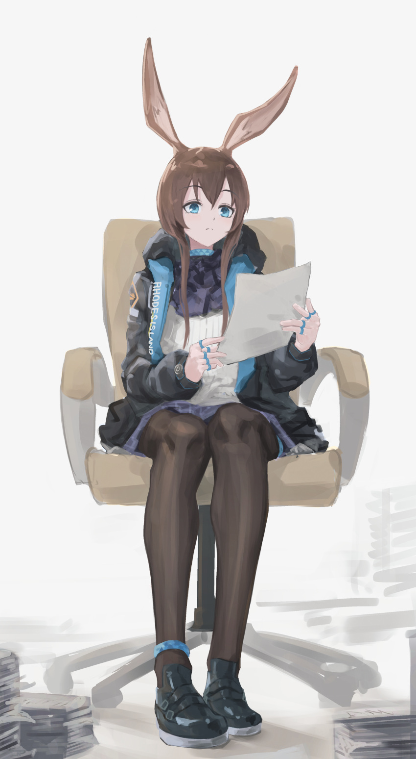 1girl absurdres amiya_(arknights) animal_ears arknights ascot bangs black_footwear black_jacket black_legwear blue_eyes blue_skirt breasts brown_hair chair choker closed_mouth commentary expressionless full_body fuyukono hair_between_eyes highres hood hood_down hooded_jacket infection_monitor_(arknights) jacket jewelry long_hair long_sleeves miniskirt multiple_rings neck_ring pantyhose paper plaid plaid_skirt pleated_skirt rabbit_ears reading ring shoes sidelocks sitting skirt small_breasts solo sweater thumb_ring very_long_hair w white_background white_sweater