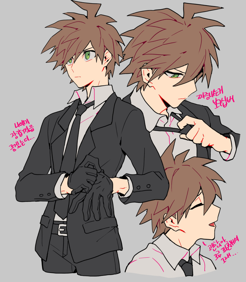1boy :d absurdres adjusting_clothes adjusting_necktie ahoge alternate_costume bangs belt black_belt black_gloves black_jacket black_neckwear brown_hair closed_eyes commentary_request cropped_legs dangan_ronpa:_trigger_happy_havoc dangan_ronpa_(series) formal gloves green_eyes grey_background grey_shirt hand_up highres jacket looking_to_the_side male_focus multiple_views naegi_makoto necktie open_mouth profile shirt short_hair simple_background sin11111 smile translation_request
