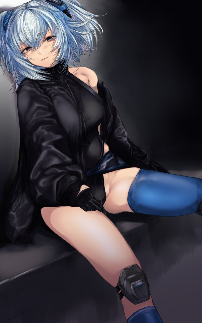 1girl asymmetrical_legwear bangs breasts eyebrows_visible_through_hair girls_frontline grey_eyes highres kojima_(blue_stardust) leotard light_blue_hair medium_breasts medium_hair pa-15_(girls_frontline) parted_lips short_twintails single_thighhigh sitting solo thigh-highs twintails