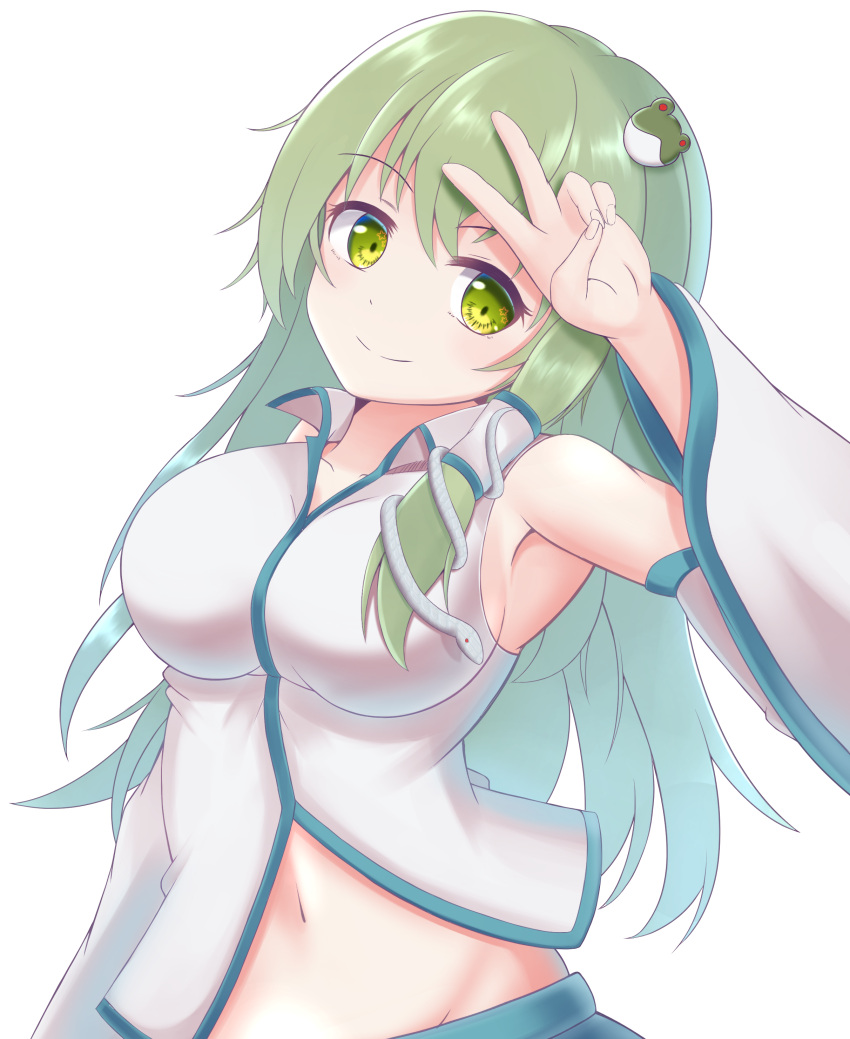 1girl absurdres armpits blue_skirt breasts collarbone collared_shirt commentary_request detached_sleeves eyebrows_visible_through_hair frog frog_hair_ornament green_eyes green_hair hair_ornament hair_tubes highres kochiya_sanae medium_breasts midriff navel nontraditional_miko shirt simple_background skirt sleeveless sleeveless_shirt smile snake snake_hair_ornament stomach str11x touhou upper_body v white_background white_shirt
