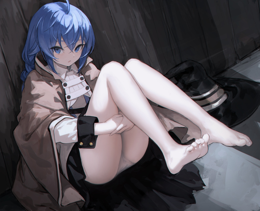 1girl absurdres bare_legs barefoot blue_eyes blue_hair braid brown_cape cape coat crotch_cutout diorama egk513 feet frilled_hat frills hat highres huge_filesize long_hair mushoku_tensei open_mouth panties ribbon roxy_migurdia shirt soles toes twin_braids underwear white_panties white_shirt witch_hat