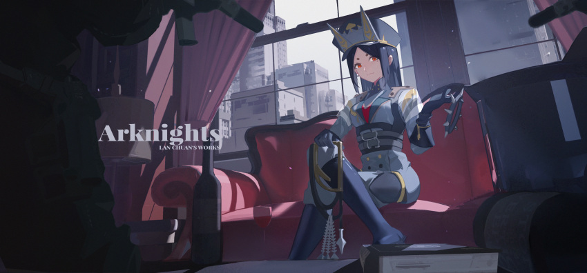 1girl absurdres animal_collar animal_ears arknights black_footwear black_gloves black_hair black_headwear black_legwear boots chinese_commentary cityscape collar commentary_request crossed_legs dobermann_(arknights) dobermann_(ensign)_(arknights) dog_ears gloves grey_jacket grey_pants hand_up hat highres holding holding_collar holding_weapon holding_whip indoors jacket knee_boots lanchuan light_smile long_sleeves military military_uniform mole mole_under_eye official_alternate_costume orange_eyes pants peaked_cap short_hair sidelocks solo uniform weapon whip yellow_eyes