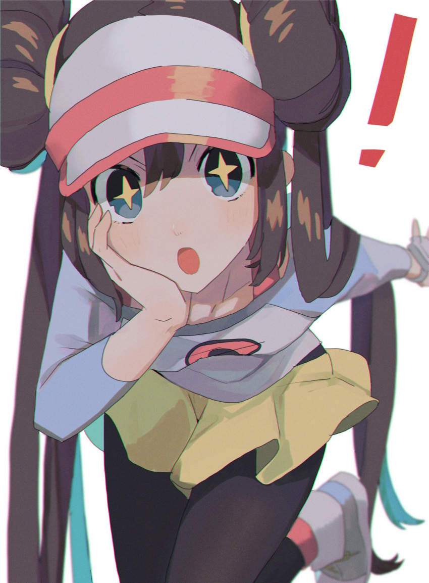 ! +_+ 1girl :o bangs black_legwear blue_eyes blurry brown_hair double_bun hand_on_own_cheek hand_on_own_face highres leg_up legwear_under_shorts long_hair looking_at_viewer moji_(ld_ipx) open_mouth pantyhose pokemon pokemon_(game) pokemon_bw2 raglan_sleeves rosa_(pokemon) shirt short_shorts shorts solo symbol_commentary twintails visor_cap yellow_shorts