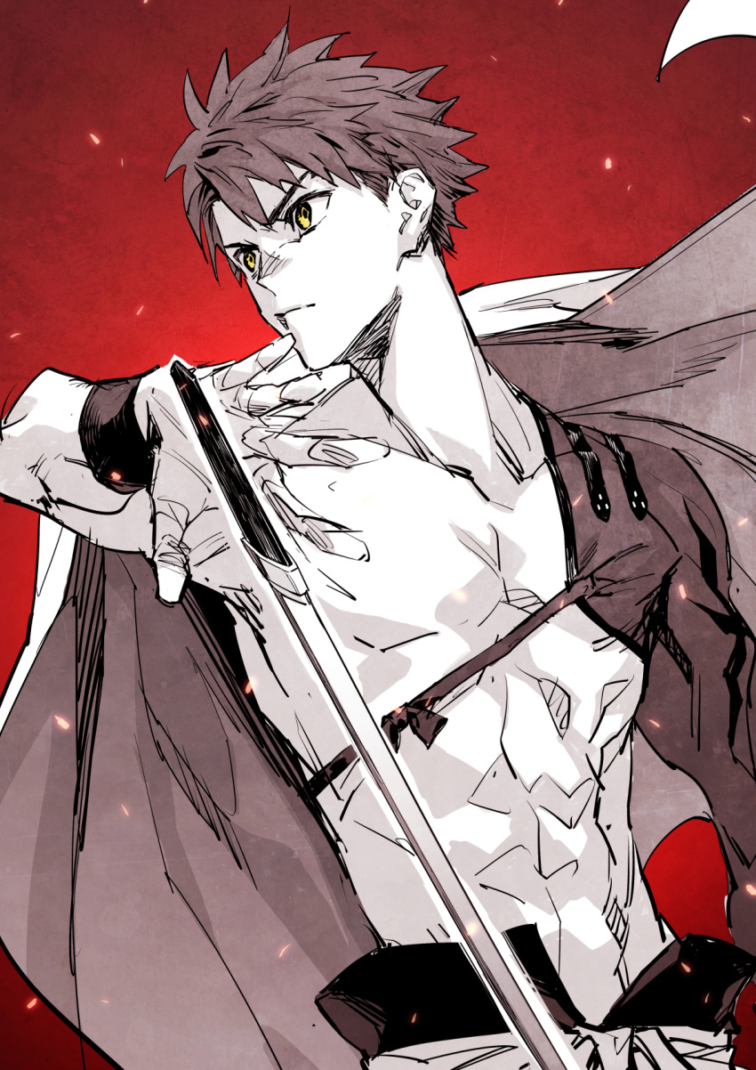 1boy emiya_shirou fate/grand_order fate_(series) greyscale highres igote kyo-ani_love limited/zero_over looking_to_the_side male_focus monochrome outstretched_hand sengo_muramasa_(fate) shirtless sketch solo spot_color sword toned toned_male upper_body weapon wristband yellow_eyes