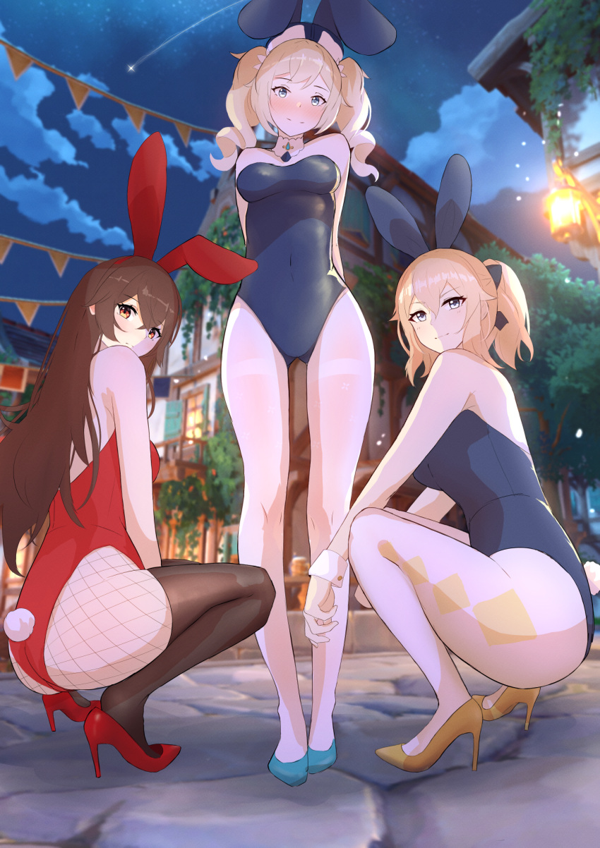 3girls amber_(genshin_impact) animal_ears arms_behind_back bangs barbara_(genshin_impact) bare_shoulders between_legs blue_eyes blue_leotard blush breasts brown_hair building bunny_tail closed_mouth crossed_bangs detached_collar drill_hair fishnet_legwear fishnets from_below genshin_impact hair_between_eyes hand_between_legs high_heels high_ponytail highres isetnation jean_gunnhildr large_breasts leotard long_hair medium_breasts multiple_girls night night_sky orange_eyes outdoors ponytail rabbit_ears red_footwear red_ribbon ribbon shooting_star sky smile squatting standing stone_floor tail thigh-highs thighs tree twin_drills twintails wrist_cuffs yellow_footwear