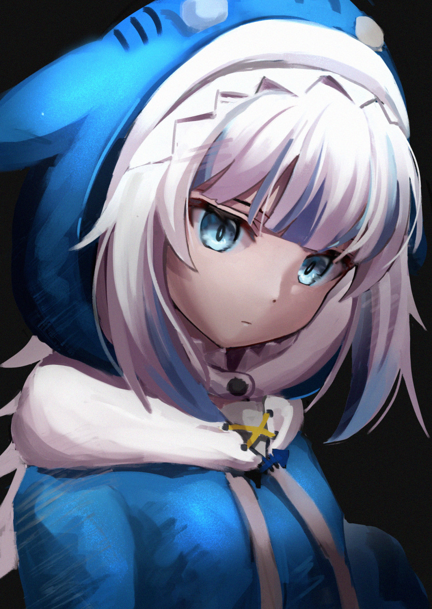1girl animal_hood black_background blue_eyes blue_hair blue_hoodie closed_mouth commentary drawstring gawr_gura highres hololive hololive_english hood hood_up hoodie long_sleeves multicolored_hair sasatabekung shark_hood simple_background solo streaked_hair upper_body virtual_youtuber white_hair