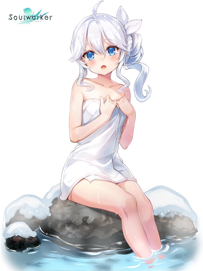 1girl absurdres ahoge bare_arms bare_shoulders blue_eyes collarbone flat_chest hair_between_eyes hair_ribbon hands_on_own_chest highres long_hair looking_at_viewer naked_towel official_art onsen open_mouth ribbon ripples rock side_ponytail simple_background sitting solo soul_worker steam stella_unibell thighs towel water watermark wavy_hair wet white_background white_hair