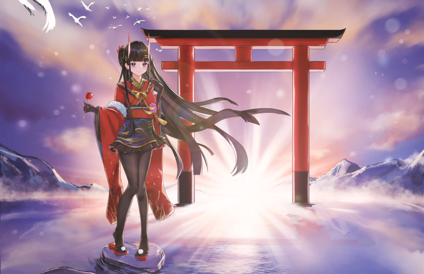 1girl alternate_costume azur_lane bird black_gloves black_hair black_legwear black_skirt elbow_gloves floating_hair gloves highres horns japanese_clothes kimono lim_(ramu) long_hair looking_at_viewer mountain noshiro_(azur_lane) oni_horns pantyhose skirt smile sunlight torii violet_eyes