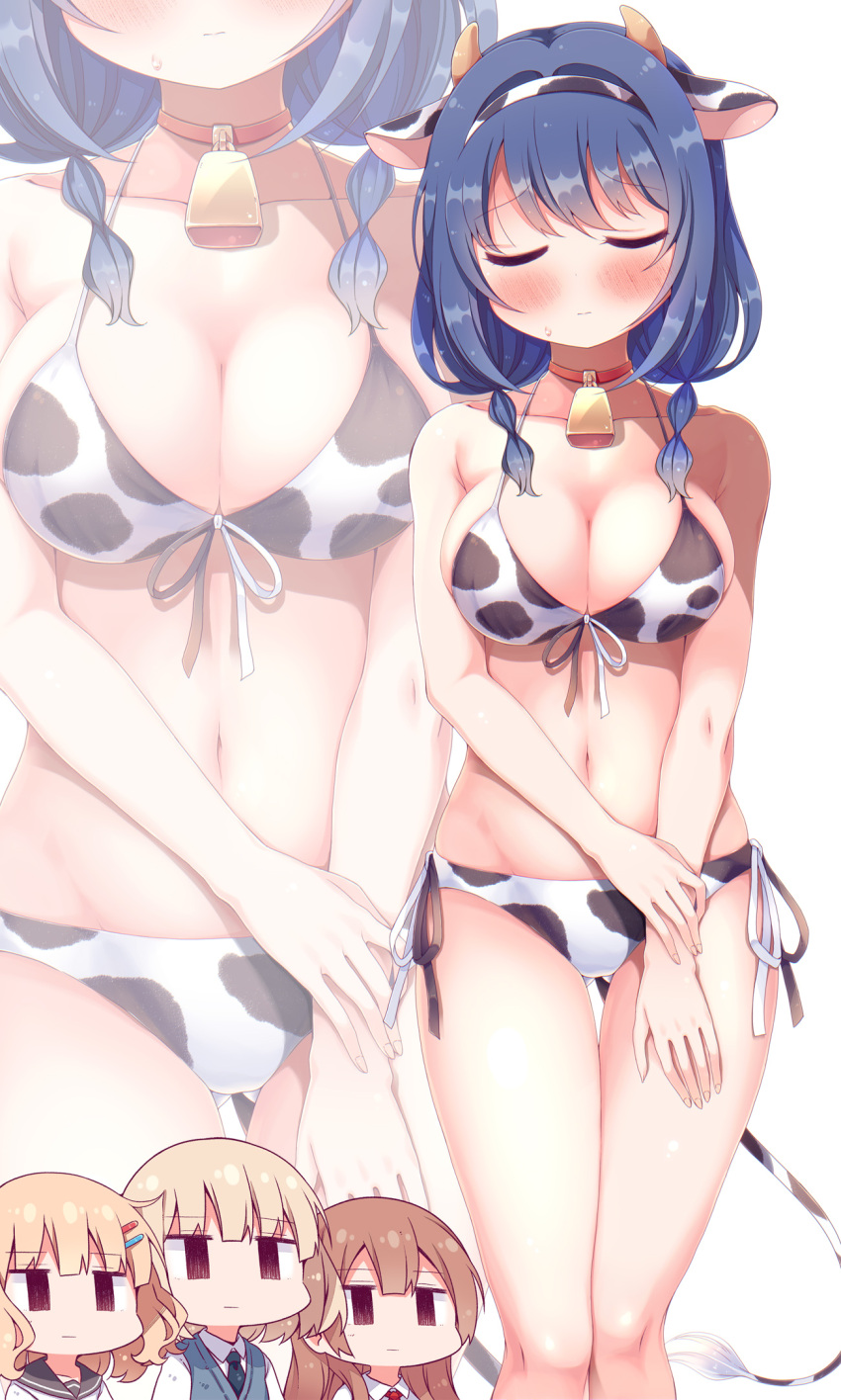 4girls animal_ears animal_print bell bell_choker bikini blonde_hair blue_hair braid breasts brown_hair choker closed_eyes commentary_request cow_ears cow_horns cow_print cow_tail fake_animal_ears fake_horns furutani_himawari hair_ornament hairclip highres horns large_breasts long_hair looking_at_another multiple_girls navel oomuro_hanako oomuro_nadeshiko oomuro_sakurako red_choker short_hair side-tie_bikini simple_background standing swimsuit tail takahero twin_braids white_background white_bikini yuru_yuri zoom_layer