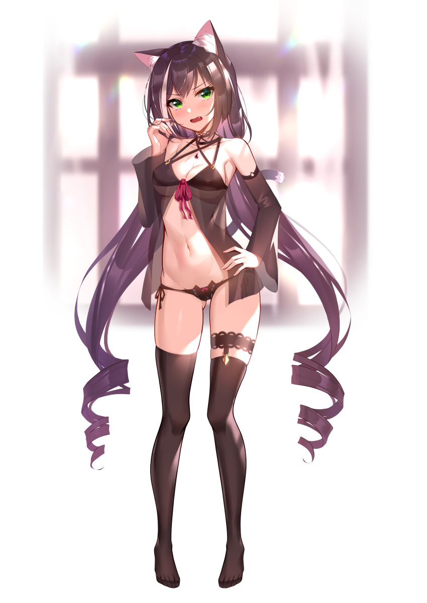 1girl absurdres animal_ear_fluff animal_ears bangs bare_shoulders black_fire_(peter02713) black_hair black_legwear black_panties blush bra breasts cat_ears detached_sleeves eyebrows_visible_through_hair full_body green_eyes highres karyl_(princess_connect!) long_hair looking_at_viewer low_twintails multicolored_hair navel open_mouth panties princess_connect! princess_connect!_re:dive see-through side-tie_panties solo standing streaked_hair thigh-highs twintails underwear very_long_hair white_hair