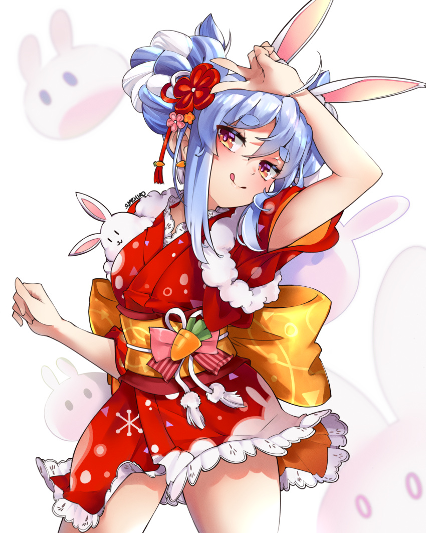 1girl :q ahoge animal_ears back_bow blue_hair blush bow braid braided_bun breasts bunny_background contrapposto cowboy_shot don-chan_(usada_pekora) english_commentary eyebrows_visible_through_hair flower fur_trim hair_between_eyes hair_flower hair_ornament hand_over_face highres hololive japanese_clothes kimono long_hair looking_at_viewer medium_breasts multicolored_hair orange_bow pink_flower rabbit_ears red_kimono sidelocks simple_background solo standing suprhiro thick_eyebrows tongue tongue_out two-tone_hair usada_pekora v virtual_youtuber white_background white_hair yukata